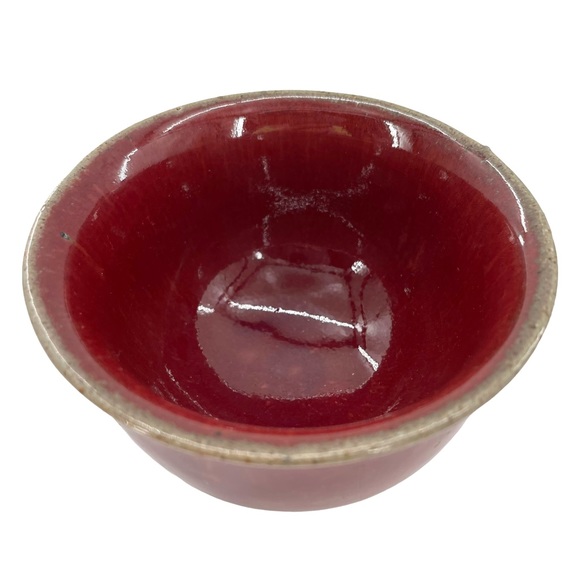 Set of 5 Glazed Deep Red Tea Cups w/Greenish Brown Trim & Organic Unglazed Base - Picture 5 of 7